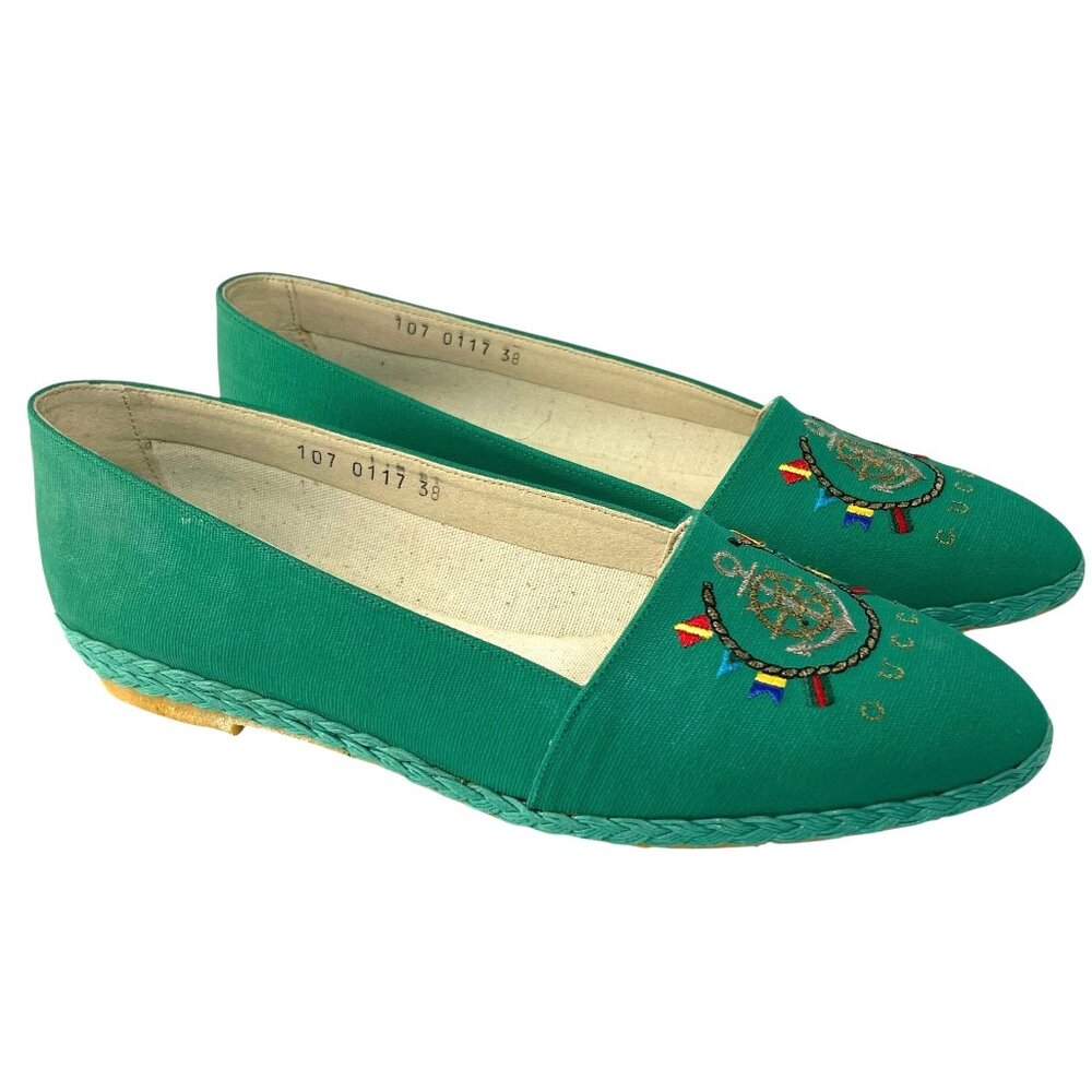 Vintage GUCCI Green Esparilles Boating Sailing Yacht Loafers Flats Womens  38